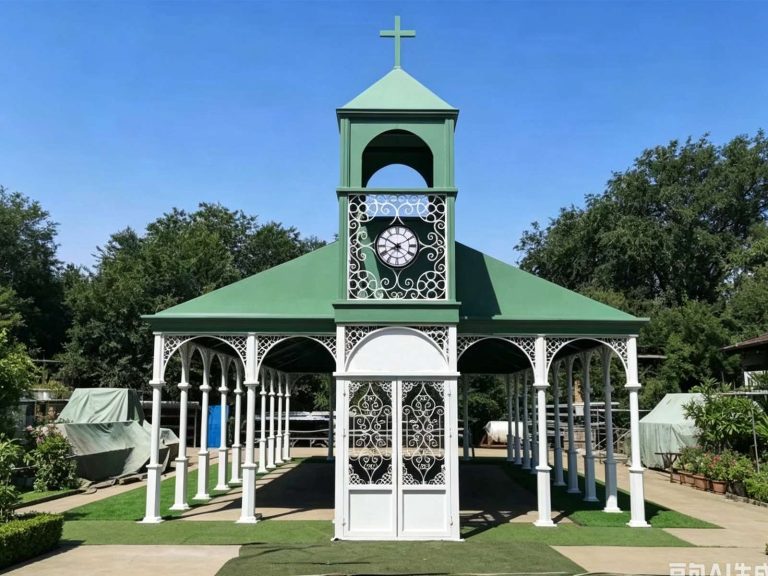 European galvanized steel wedding chapel 1000*402 size green white powder coated frame with clock tower cross
